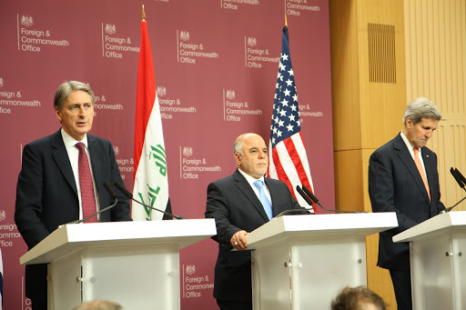 Iraq&#8217;s Haider al-Abadi with US Secy of State and UK official Jan 2015