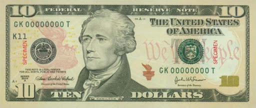 US $10 bill with Alexander Hamilton