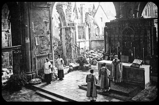 Mass in bombed out Muenster Cathedral at end of WWII