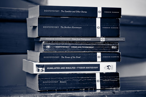 Stack of books by Fyodor Dostoyevsky
