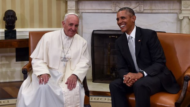 September 23 2015 : President Barack Obama meets with Pope Francis in the Oval Office of the White House in Washington.