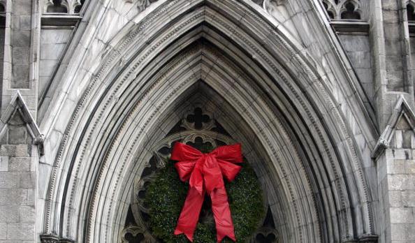 A Christmas wreath hangs on Saint Patric