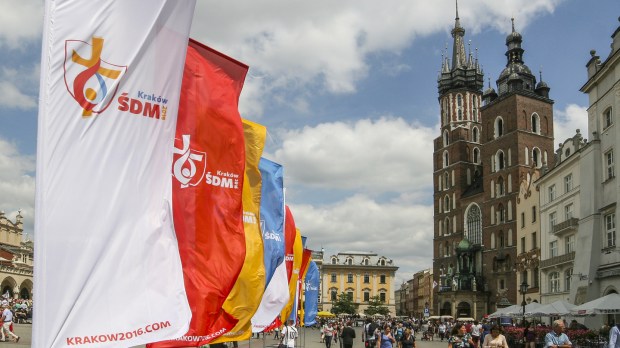 KRAKOW, POLAND &#8211; JUL 26, 2015: Flags of World Youth Day 2016 at the Main Square . Krakow will held WYD 2016 in July 2016 organized by Roman Catholic Church in Krakow