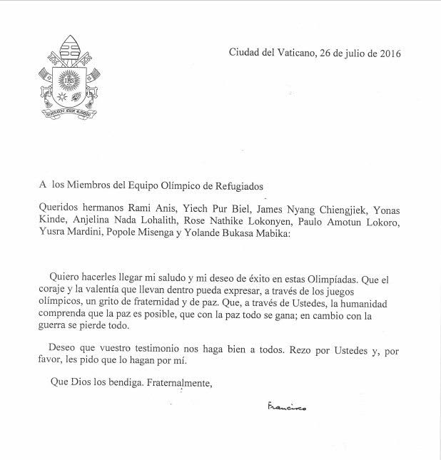 pope letter to refugee athletes