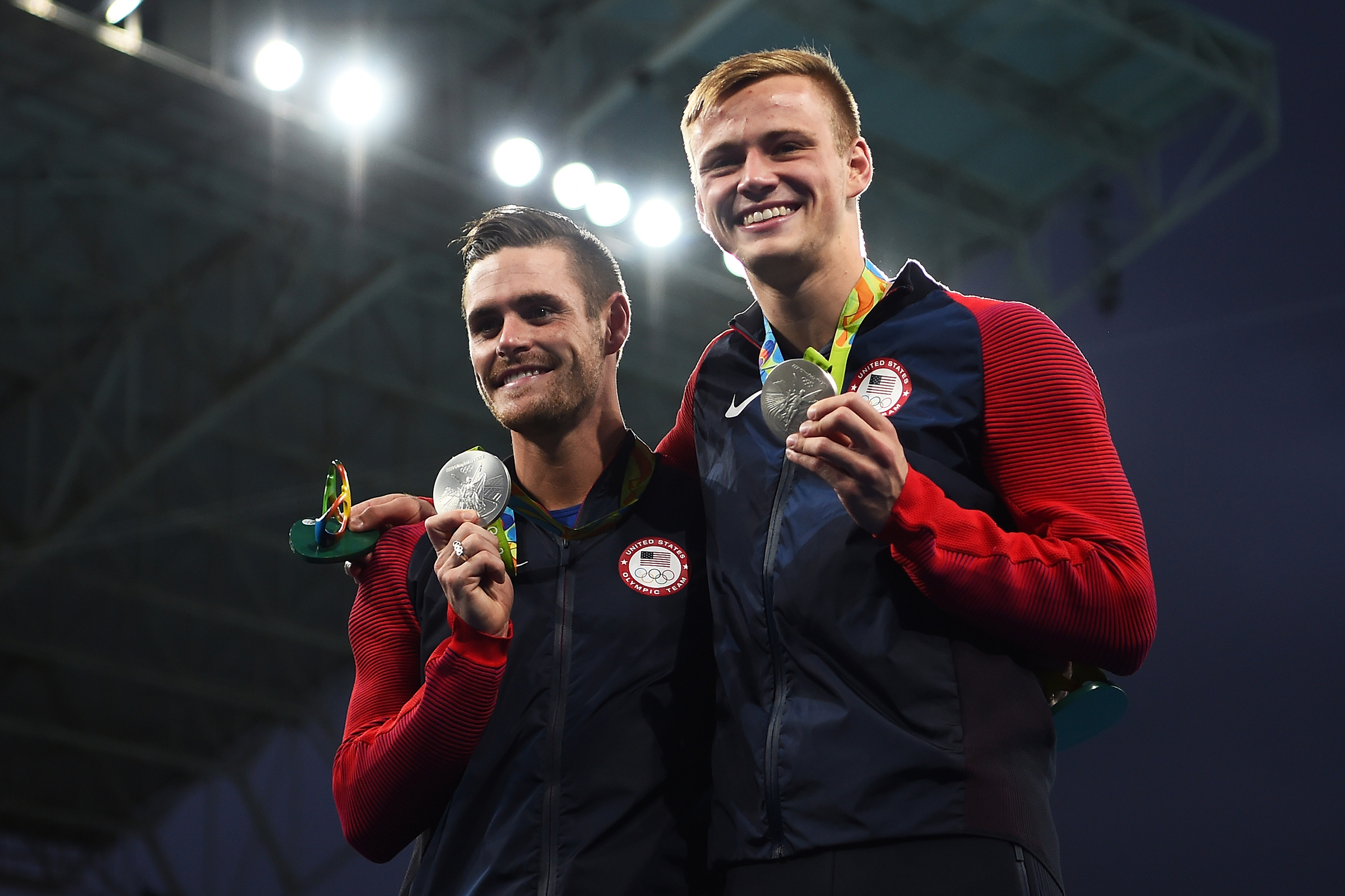 RIO DE JANEIRO, BRAZIL - AUGUST 08:  Silver medalists David Boudia and Steele Johnson of the United States pose during the medal ceremony for the Men's Diving Synchronised 10m Platform Final on Day 3 of the Rio 2016 Olympic Games at Maria Lenk Aquatics Centre on August 8, 2016 in Rio de Janeiro, Brazil.  (Photo by Laurence Griffiths/Getty Images)