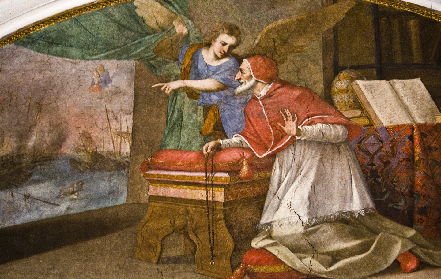 Fresco of the Dominican Pope, St Pius V, praying the Rosary during the Battle of Lepanto