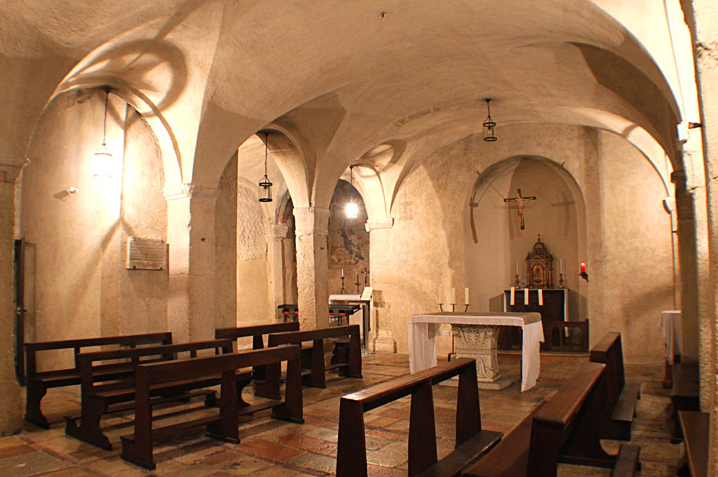 The crypt of the Basilica of St. Benedict in Norcia. According to ancient tradition, this crypt is the birthplace of St. Benedict and his twin sister, St. Scholastica.