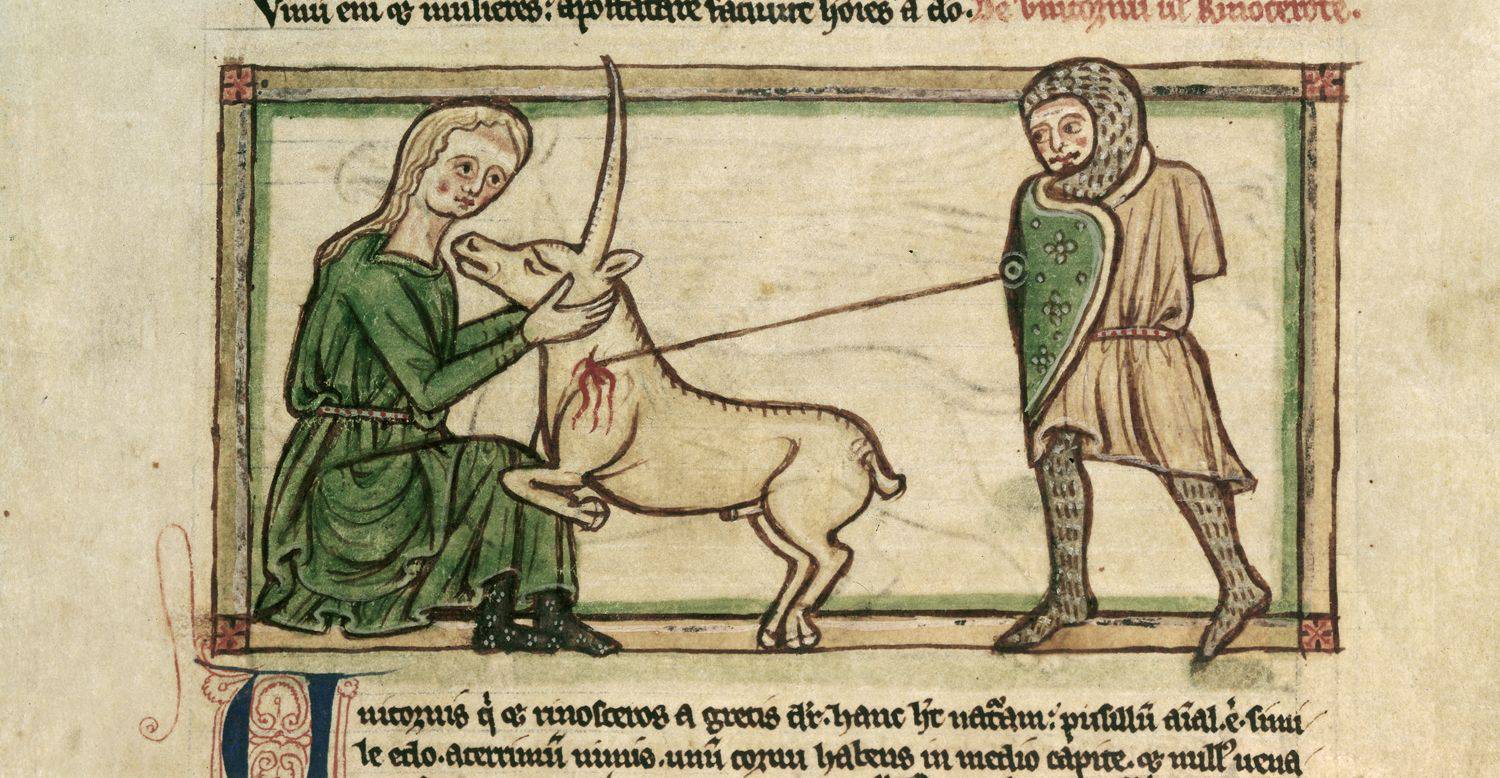 Isidore of Seville wrote about the unicorn in the 7th century, describing it as a four-legged beast that has a single horn on its forehead; it is very strong and pierces anything that attacks it.