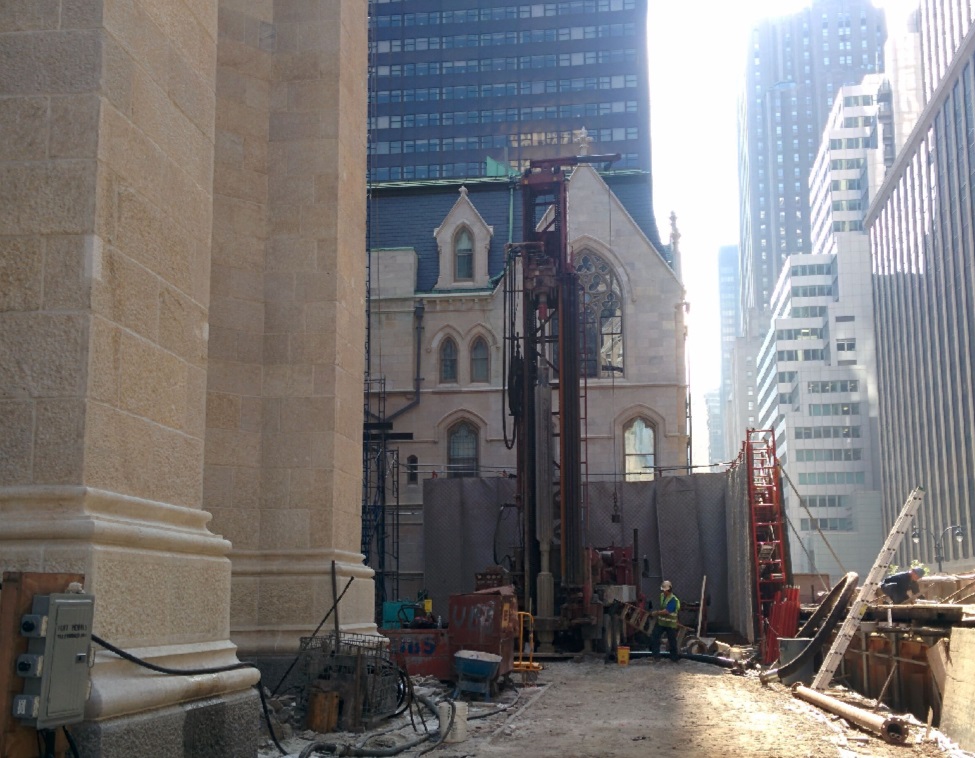 A drill is set up on 50th Street in Manhattan, just outside St. Patrick's Cathedral.