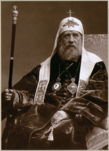 St. Tikhon of Moscow, holding a komboskini in his left hand. The right hand is often left free to make the sign of the Cross. 