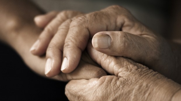 Hands of an elderly woman holding the hand of a younger woman. Lots of texture and character in the old ladies hands.