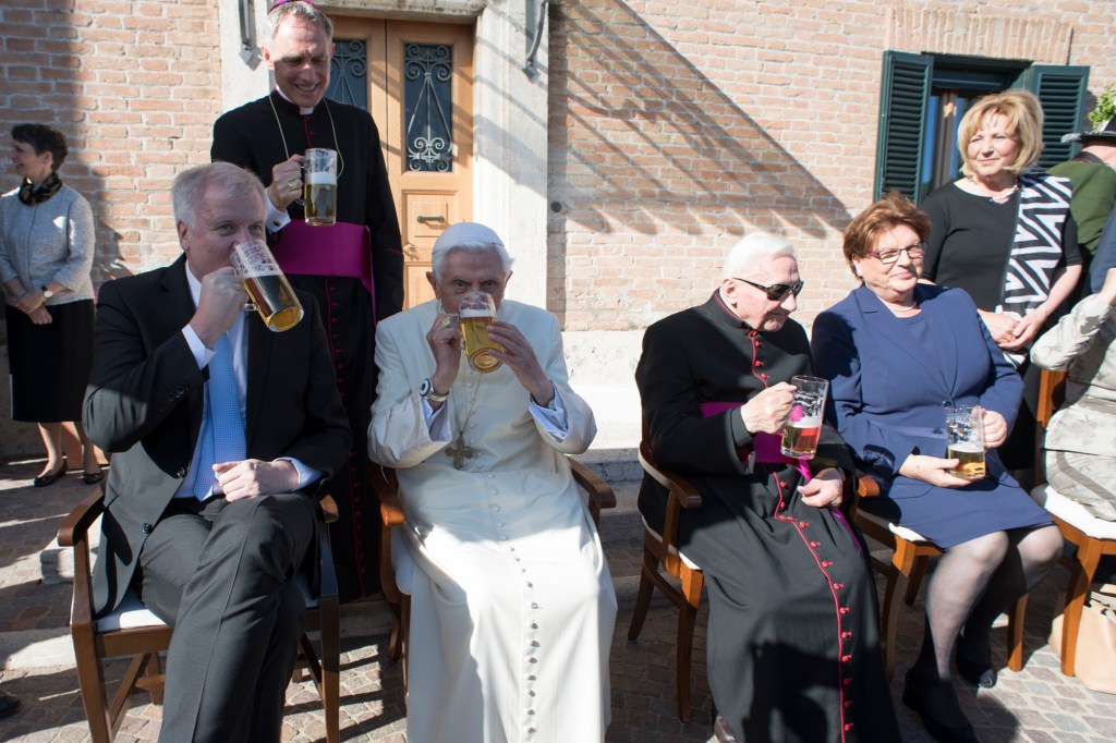 Pope Benedict XVI drinking beer with his brother and others on his 90th birthday