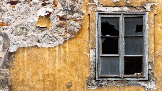 BROKEN WINDOW, YELLOW WALL, ABANDONED BUILDING