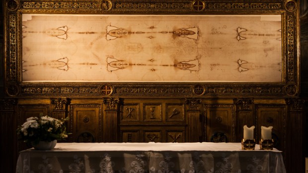 Detail of a copy of the Holy Shroud of Turin, Italy