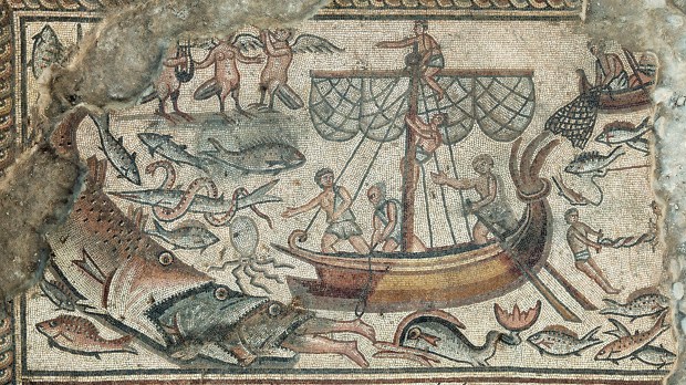 Mosaic depicting Jonah being swallowed by a fish, Huqoq synagogue.