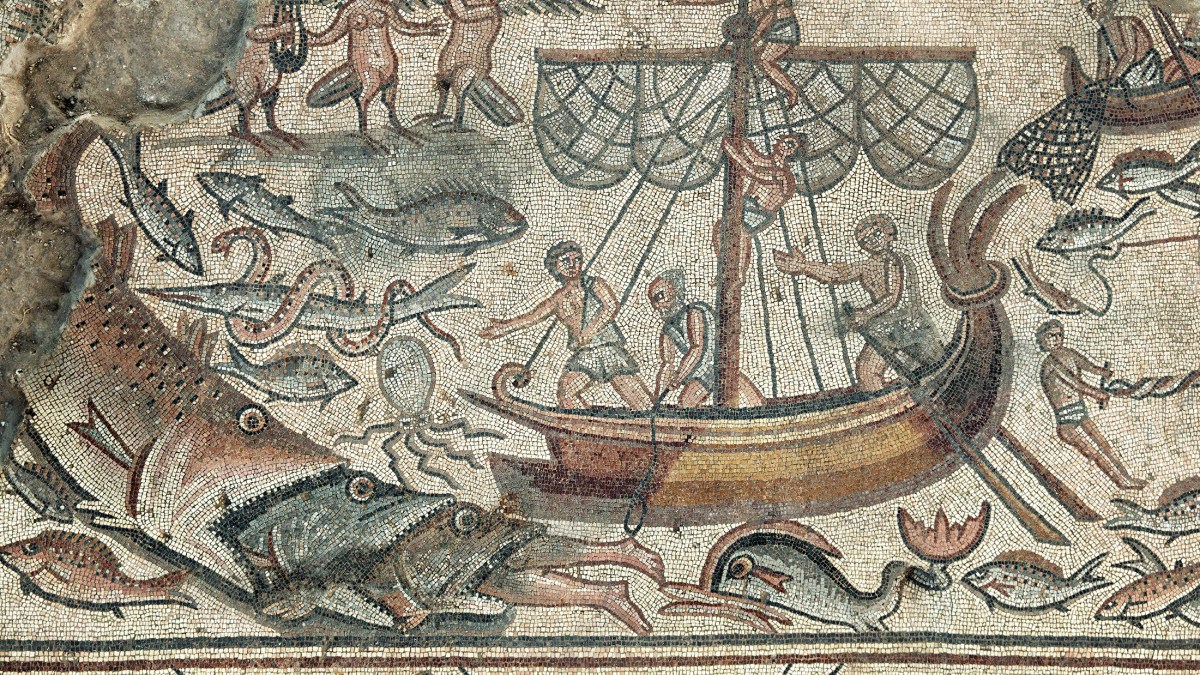 Mosaic depicting Jonah being swallowed by a fish, Huqoq synagogue.
