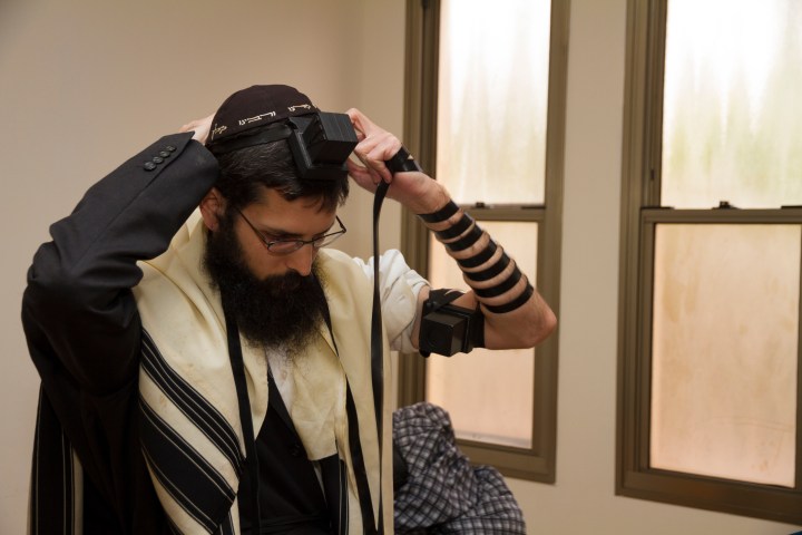 A young boy wearring his phylacteries (Tefillin), for the …