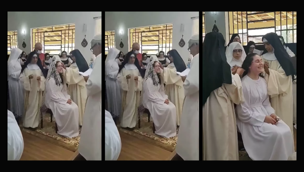 Vídeo mostra noviça irmã Maria Angélica cortando cabelo e recebendo hábito religioso