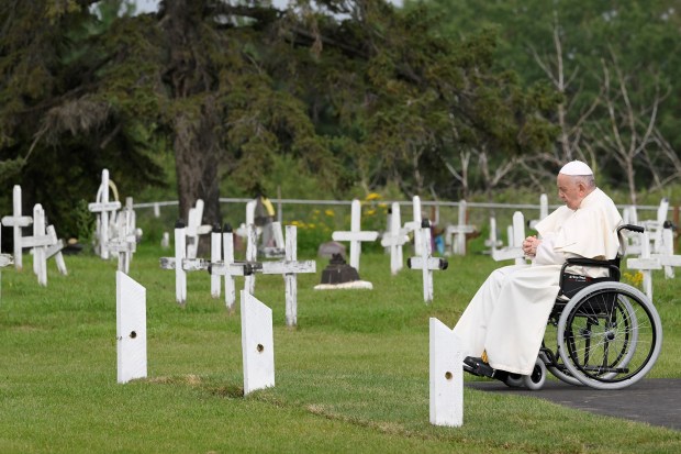 Pope Francis visiting the Ermineskin Cree Nation Cemetery in Maskwacis, south of Edmonton, western Canada