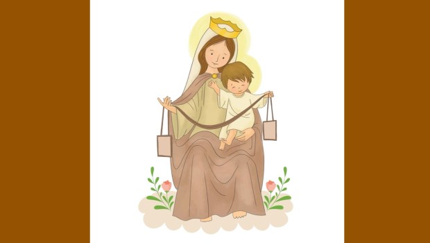 Our-Lady-Mount-Carmel-drawing-brown-background flowers