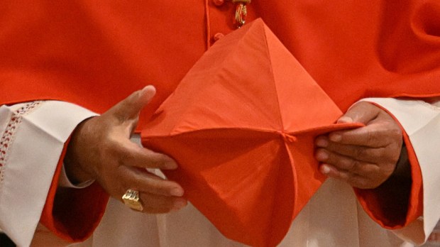 kardynał trzyma w dłoniach biret