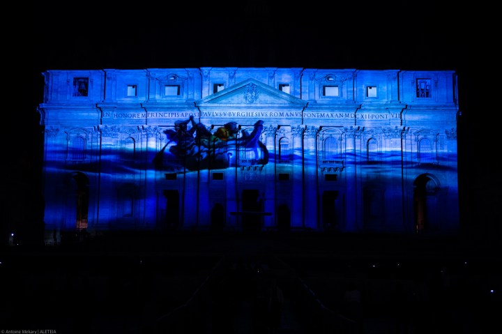 St. Peter’s Basilica facade is lit up with Seguimi a videomapping projection depicting the life of St Peter