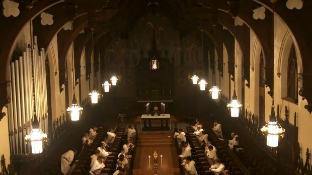 Friars singing &#8220;Salve Regina&#8221; in the Dominican House of Studies, in DC