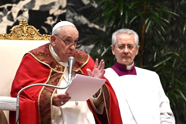 Pope Francis delivers his speech as he takes part in the All Souls Day Papal mass for a commemoration in memory of the Cardinals and Bishops deceased during the year