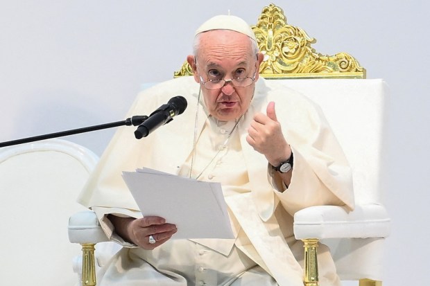 Pope-Francis-speaks-during-his-meeting-with-the-youth-at-the-Sacred-Heart-school-in-Isa-Town-AFP