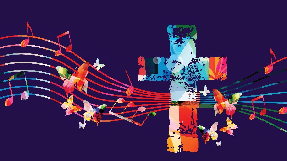 graphic with cross and music