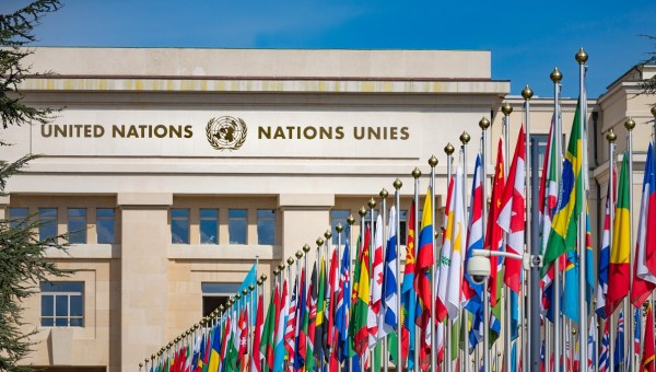 United Nations building and flags