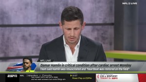 Dan Orlovsky prays for Damar Hamlin on ESPN