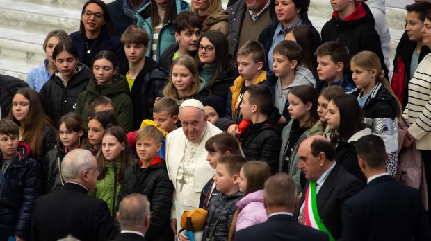 Pope Francis blesses children from Ukraine at the end of his weekly general audience