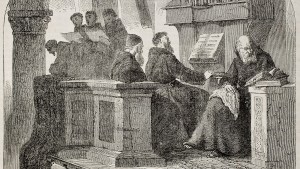 Monks singing organ illustration