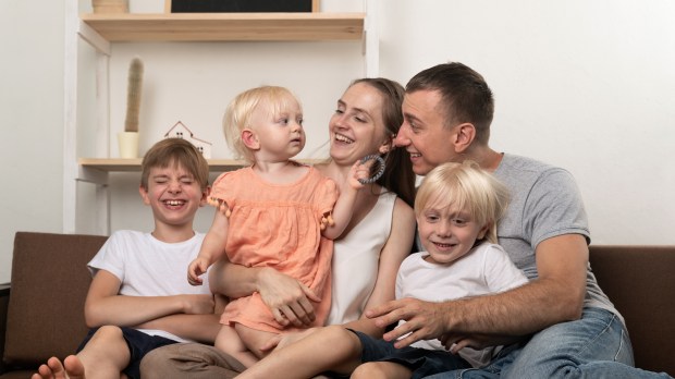 happy family on sofa