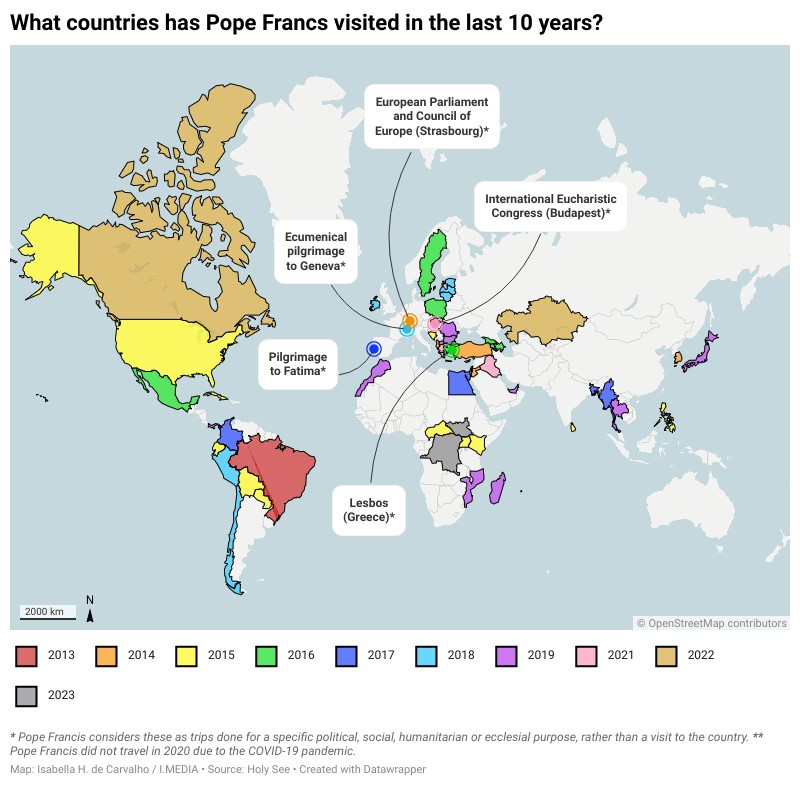 A map of the countries Pope Francis has visited across the world