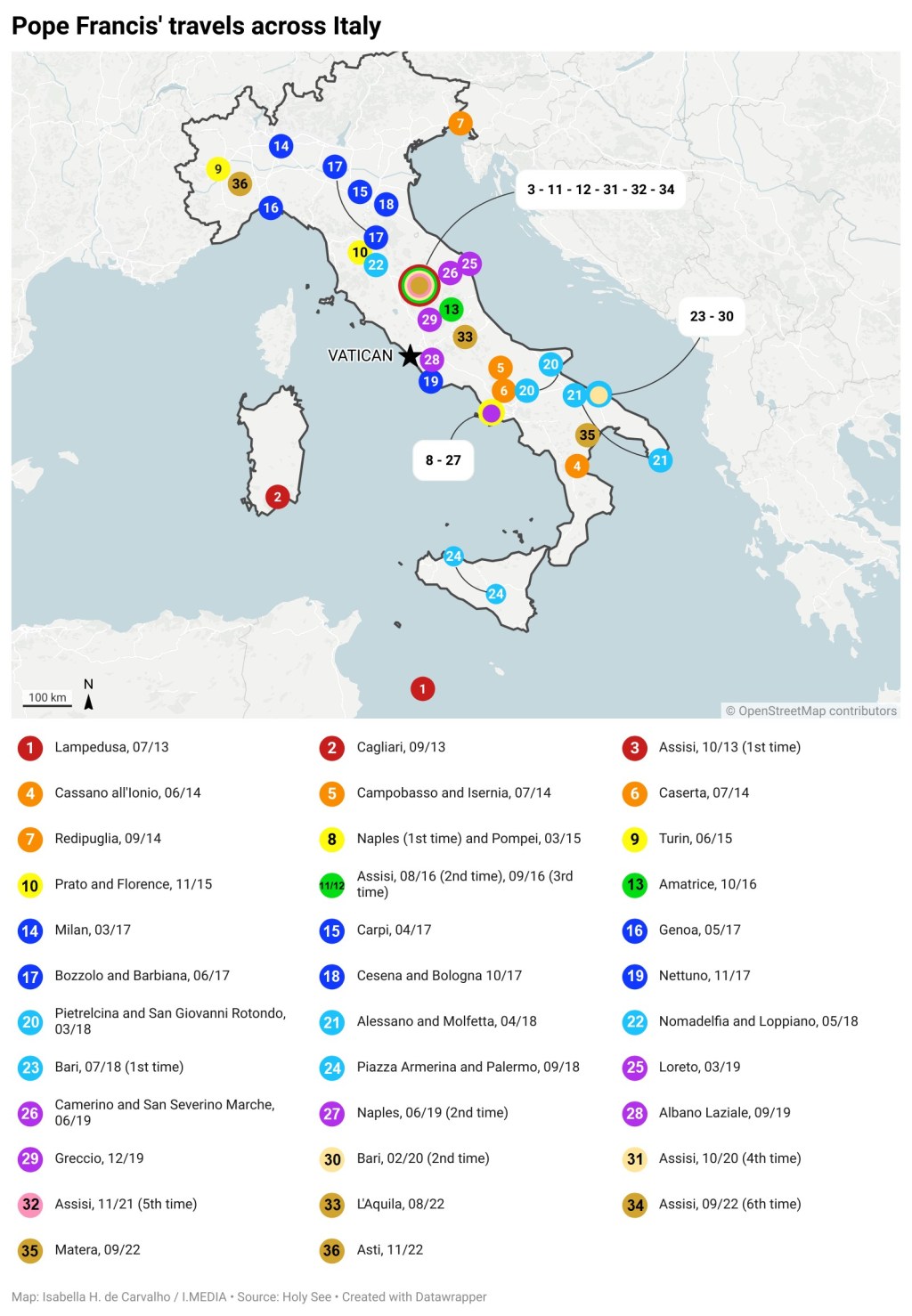 A map of Pope Francis' travels in Italy