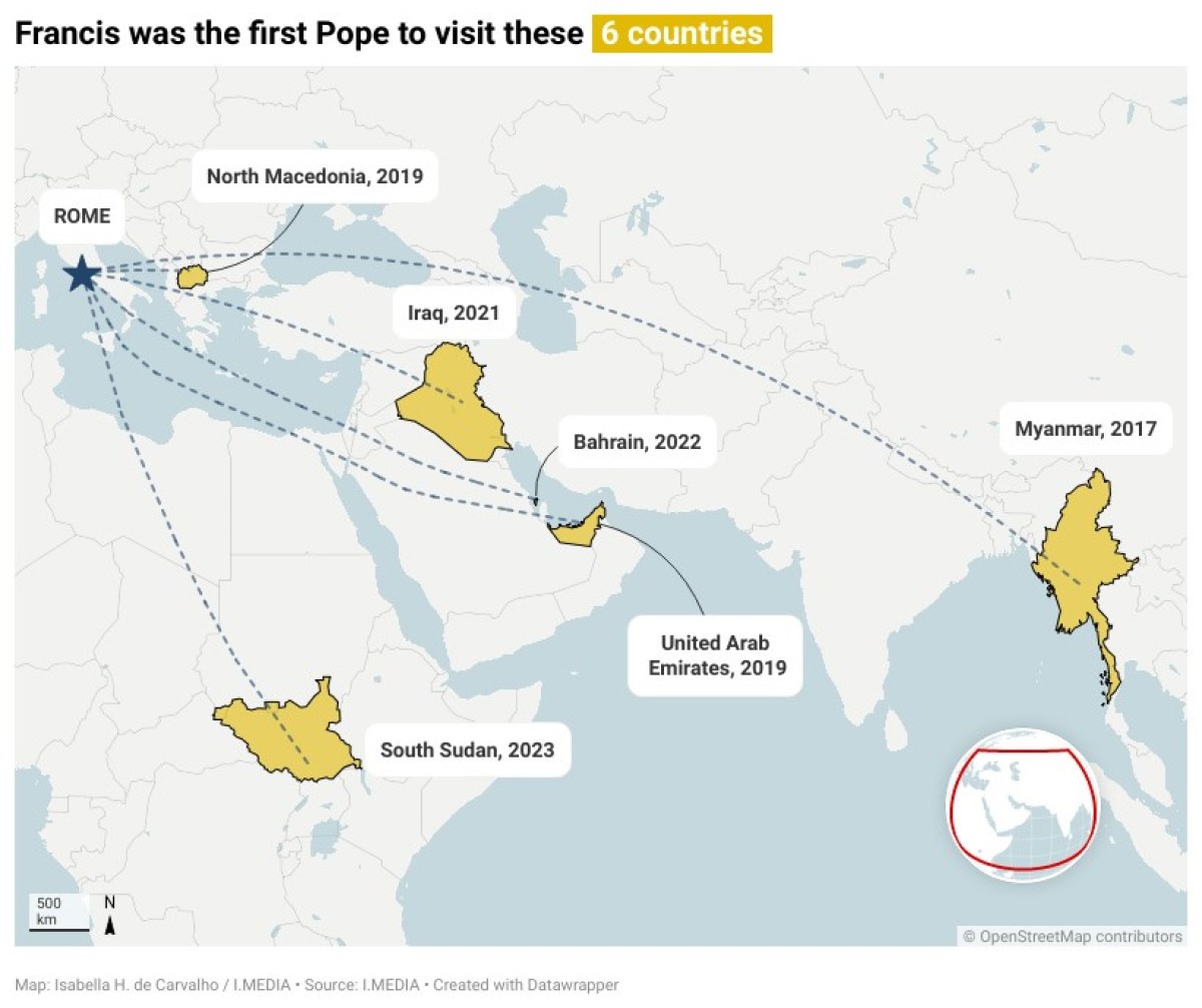 A map of the 6 countries that Francis was the first Pope to visit