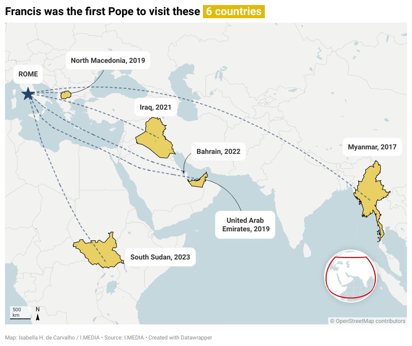 A map of the 6 countries that Francis was the first Pope to visit