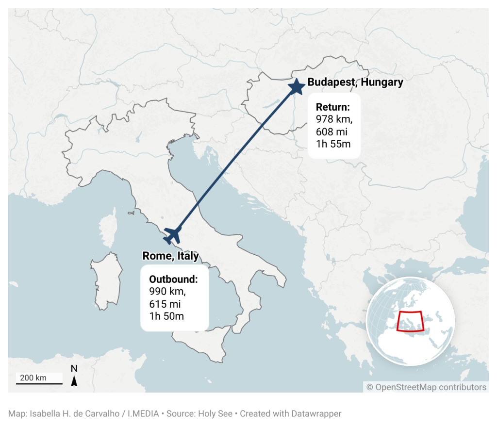 A map of Pope Francis' trip to Hungary with flight distance and time