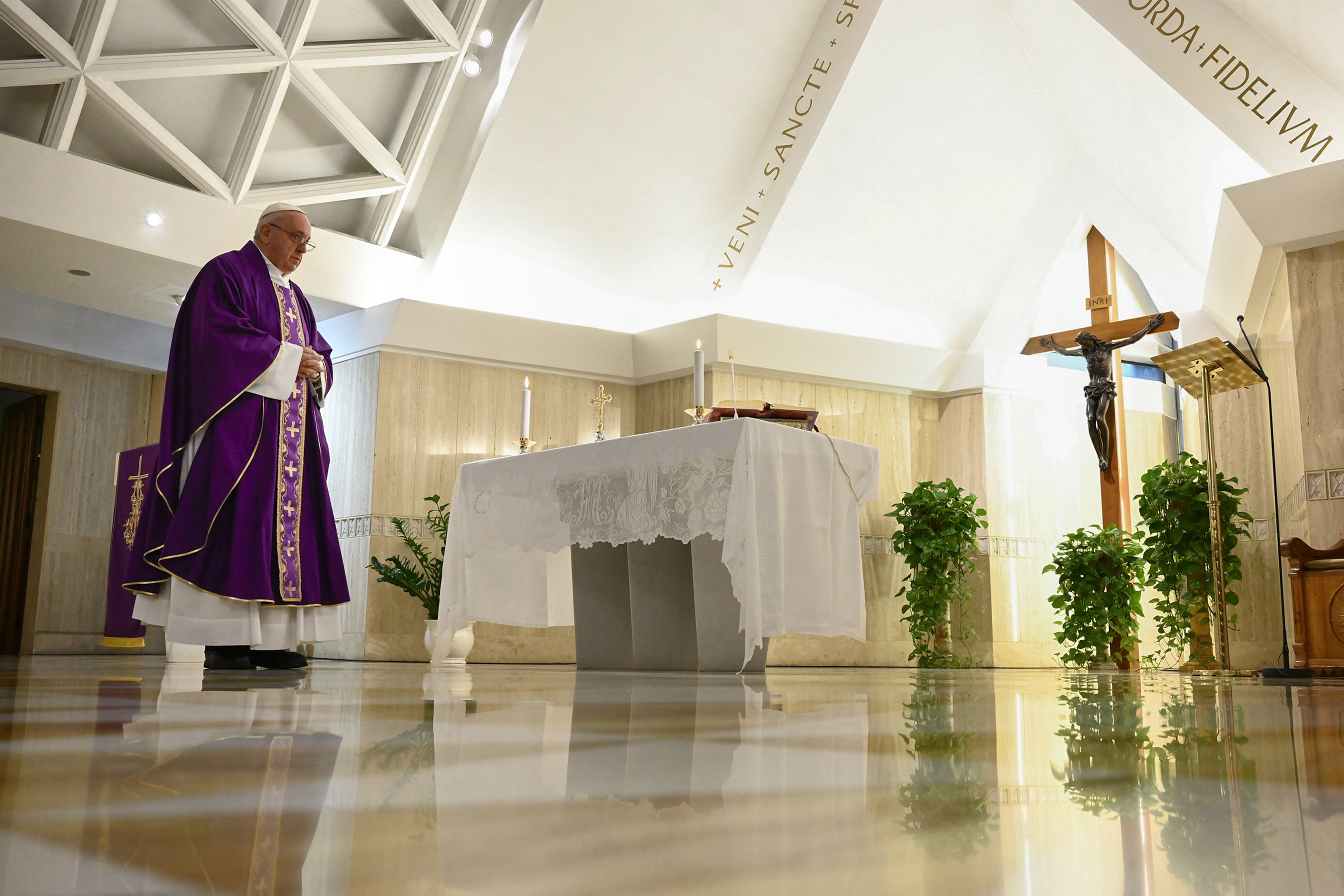 Pope Francis celebrating a private morning mass at the Santa Marta chapel in The Vatican