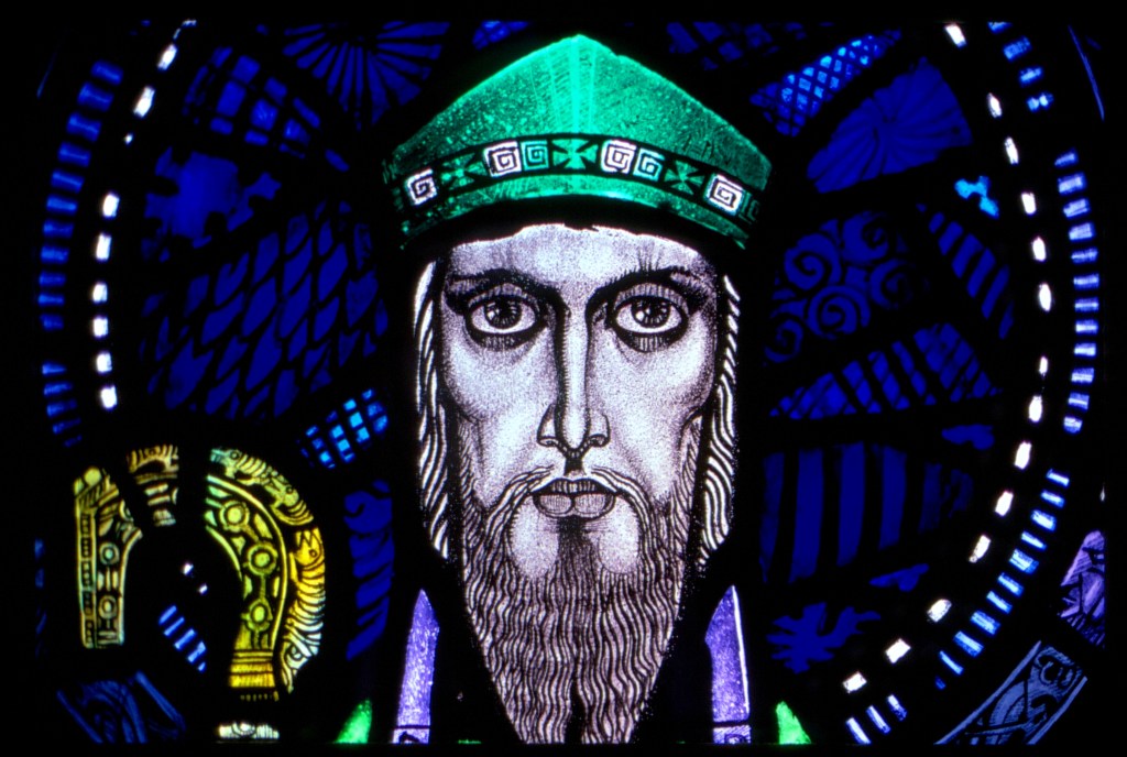 St. Patrick depicted in stained glass window