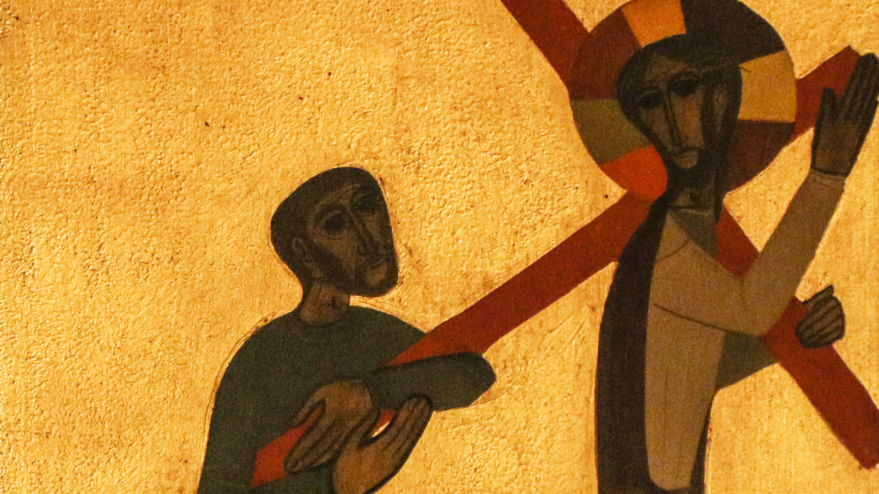 Szymon z Cyreny pomaga nieść krzyż Jezusowi