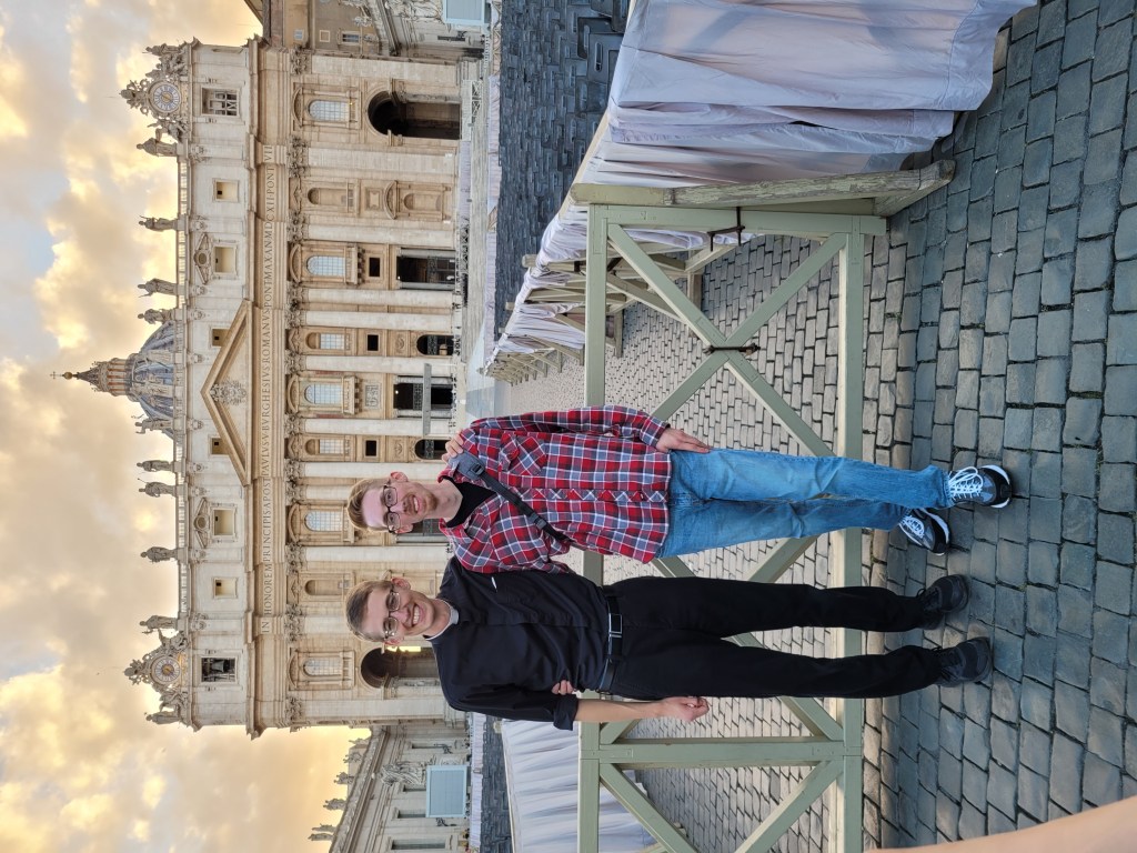 Deacon Zane Langenbrunner, who will sign the Exsultet at St. Peter's Basilica during the 2023 Easter Vigil, with his brother at St. Peter's Square