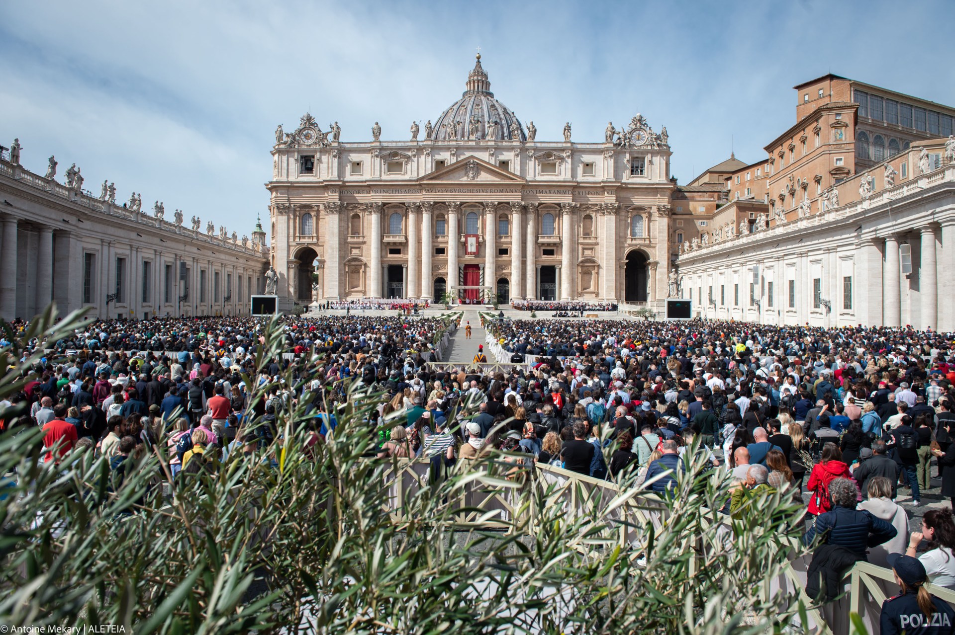 Pope Francis blesses the faithful at the end of Palm Sunday Mass in St. Peter's Square