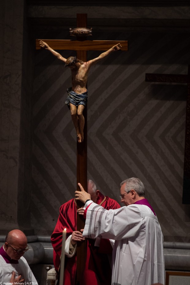 Pope Francis presides over the Passion of the Lord mass on Good Friday in St. Peter's basilica at The Vatican