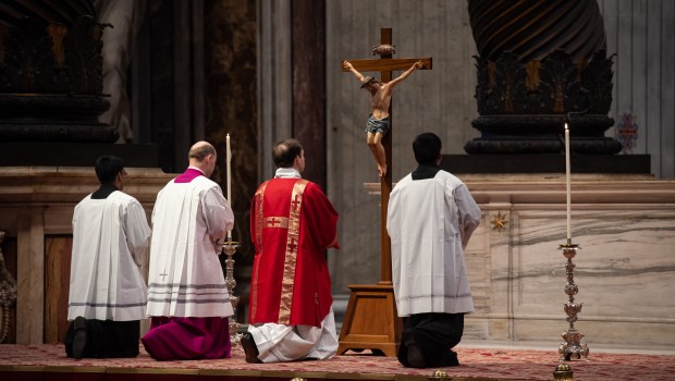 Pope Francis presides over the Passion of the Lord mass on Good Friday in St. Peter's basilica at The Vatican