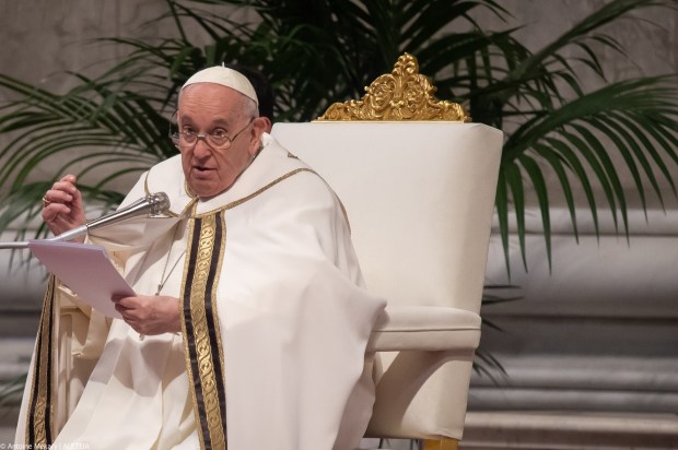 Pope Francis celebrates the Holy Chrism mass on April 05, 2023 in St. Peter's Basilica at The Vatican.