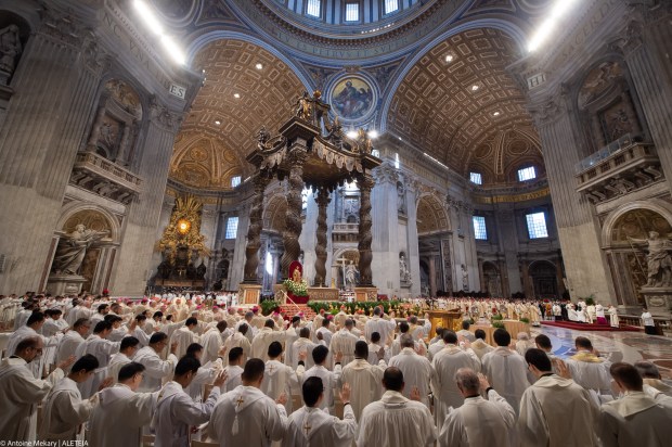Pope Francis celebrates the Holy Chrism mass on April 05, 2023 in St. Peter's Basilica at The Vatican.
