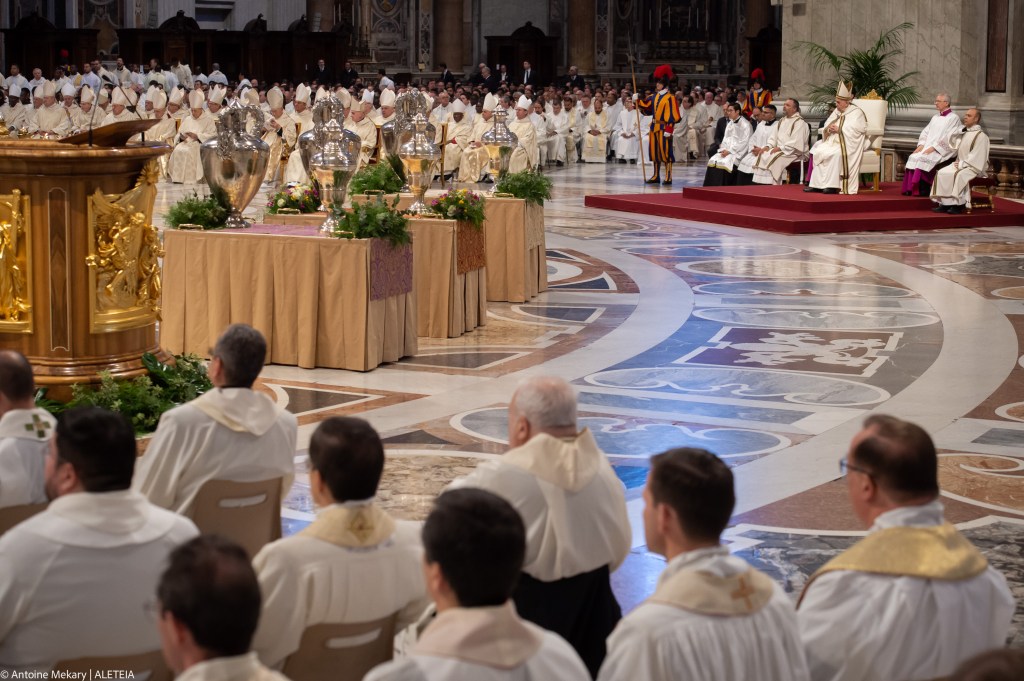 Pope Francis celebrates the Holy Chrism mass on April 05, 2023 in St. Peter's Basilica at The Vatican.